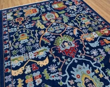 New Oushak Turkish Wool Rug Multicolor Neavy Blue Hand Knotted Contemporary