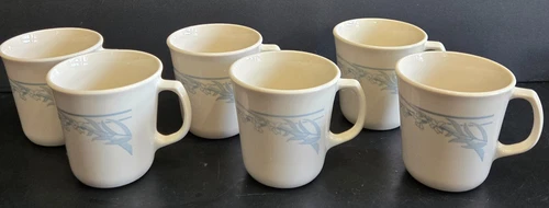 Corelle Blue Lily Beige Coffee Tea Mugs Cups Set of 6 Vintage Corning