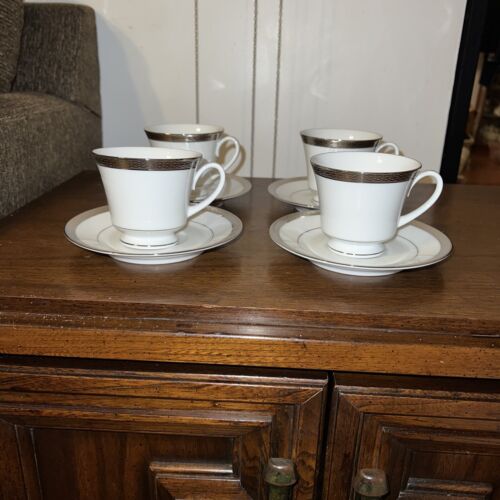 Vtg Noritake Queens Platinum 4286 Set Of 4 Footed Cups And Saucers Nvr Used - Afbeelding 1 van 8