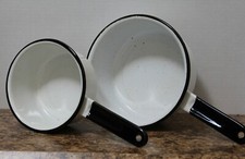 Enamelware Saucepans White with Blue Speckles and Black Trim Set of 2