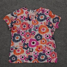White Cross Scrub Top Womens Large White Floral Print Pockets Nurse Vet Dental