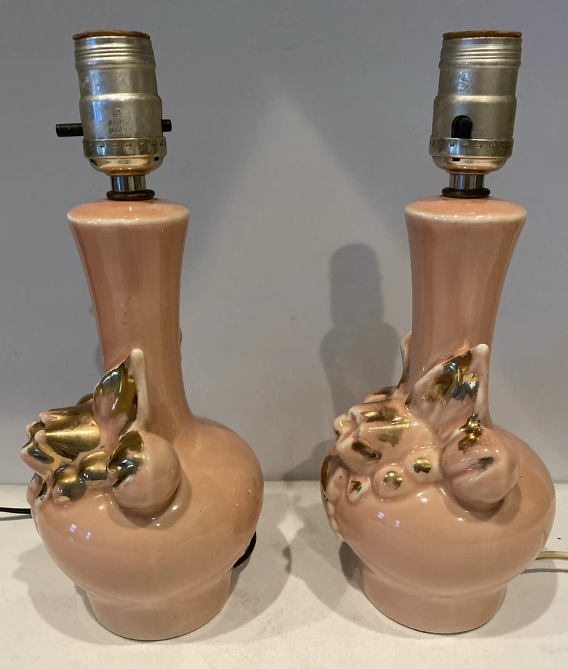 MCM灯镀金粉红色陶瓷带金色花朵踏板一对8.5英寸老式灯 — 第 4/4 张图片