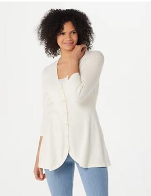Isaac Mizrahi Ivory Pearl Curved Hem Button Front Cardigan Sweater New