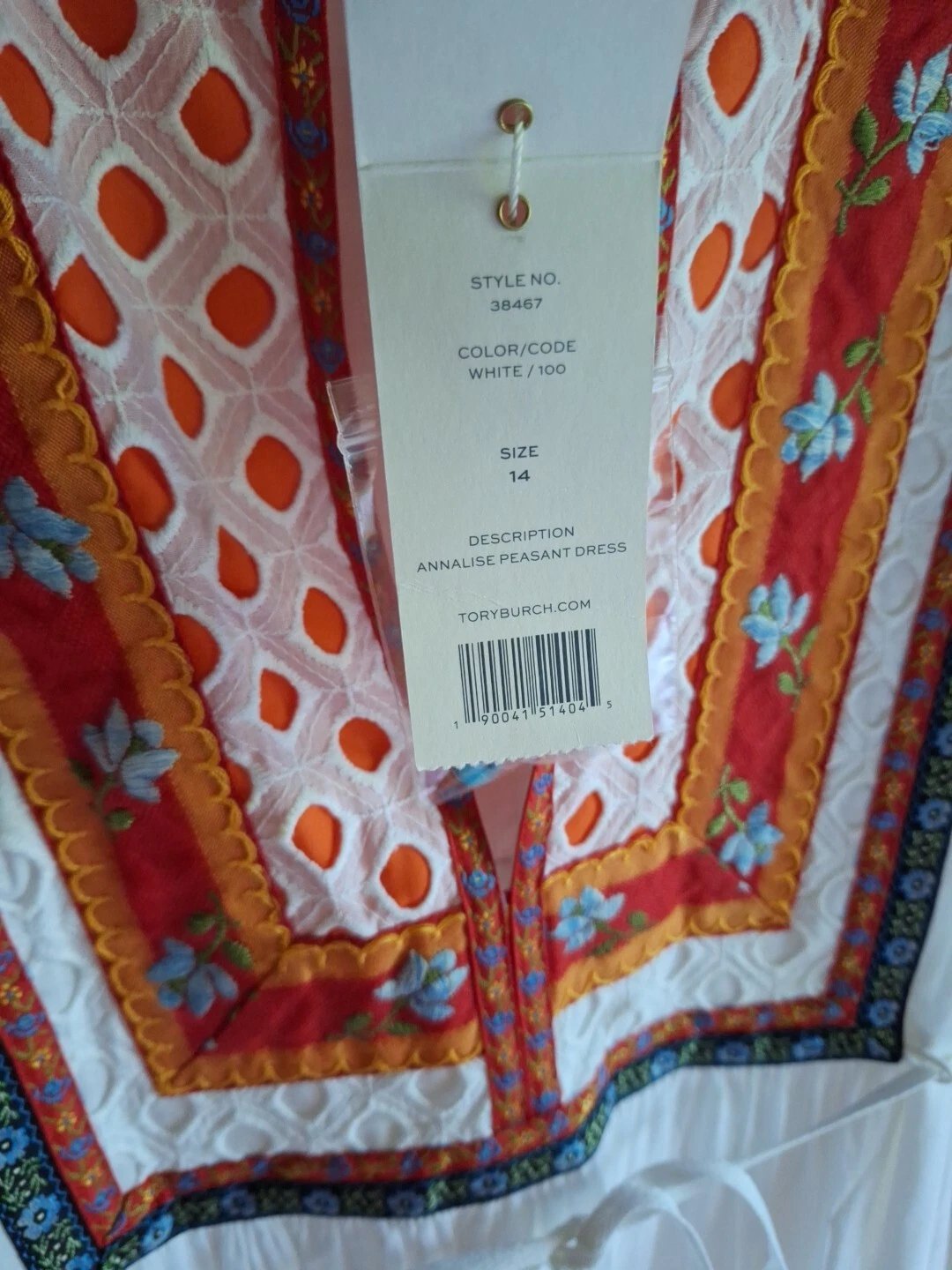 Abito contadino Annalise ricamato in pizzo Tory Burch taglia 14