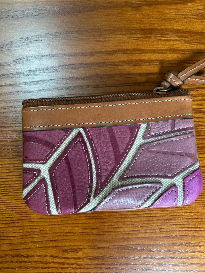 Cartera cambio marca Fossil lona y cuero patrón de hojas púrpura Foto 3 de 3