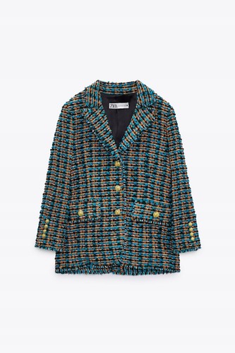 A340 ZARA TWEED BLAZER JACKET TEXTURED GOLD BUTTONS BLUE PINK BOUCLE COAT - M - Picture 15 of 23