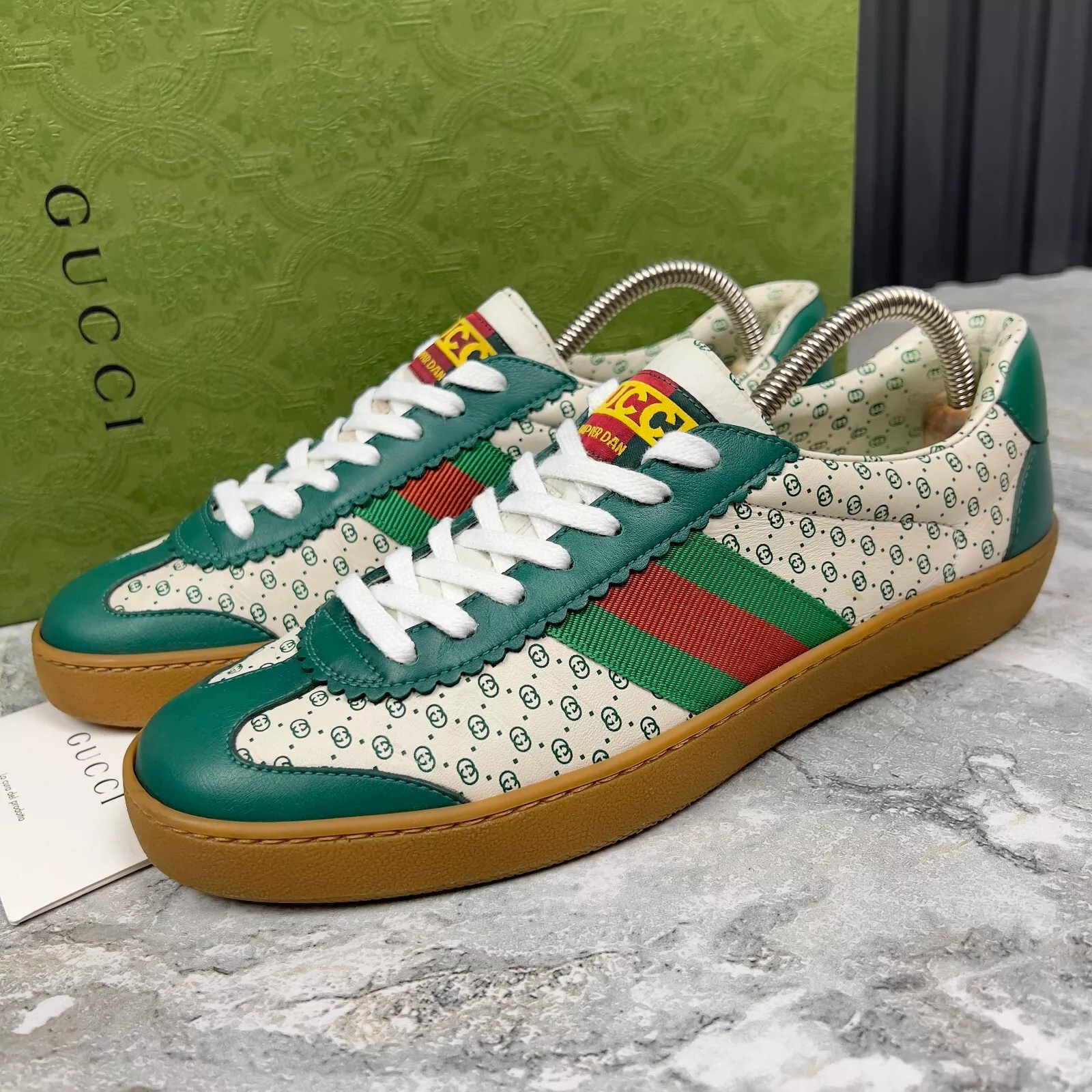 Baskets Gucci x Dapper Dan Web G74 GG monogramme cuir vert 6 UK 9 US *