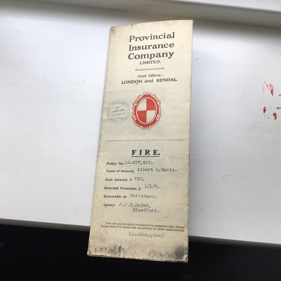 1930 Fire Insurance Policy Albert Samuel Davis Stourpaine Post Office