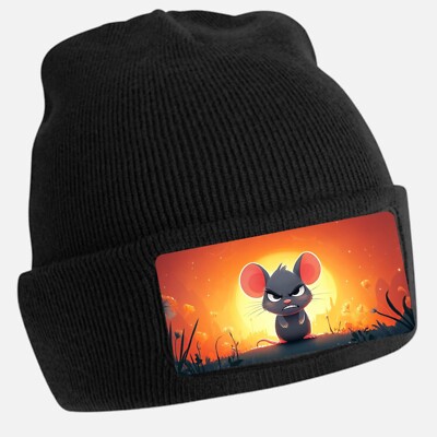 Unisex Cotton Black Angry Mouse Print Beanie Hat