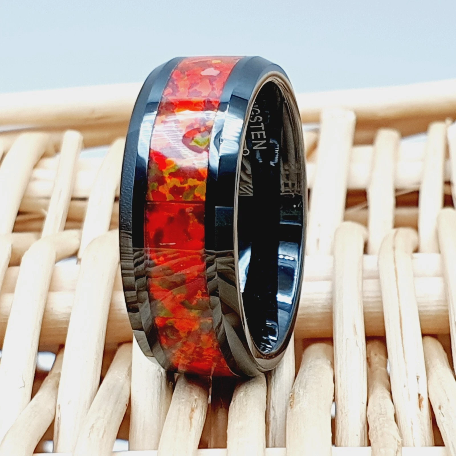 Black Tungsten Fire Opal Wedding Ring Engagement Band Opal Men's Engagement Ring