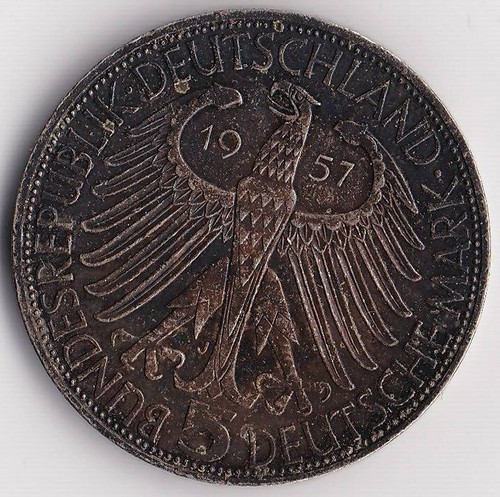 5 DM Deutsche Mark Eichendorff 1957 J in Silber - ungereinigter Fundzustand - Bild 2 von 2