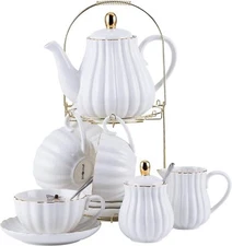 Porcelain Tea Set- 8 OZ White Coffee Cup/Saucer, Spoons, Teapot and Creamer set