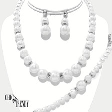 "3 PC" TRUE WHITE PEARL, CLEAR CRYSTAL WEDDING PROM FORMAL NECKLACE JEWELRY SET