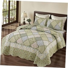 Full Queen Size Patchwork Quilt Set Reversible Queen Size 87"x95" Green