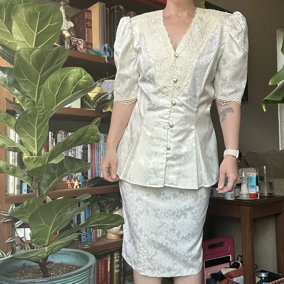 Винтажный 80-х Scott McClintock Puff рукав белая парча полуформальная юбка костюм комплект - Изображение 2 из 4