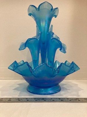 Vintage Fenton 90TH Anniversary Celeste Blue Stretch Glass 4 Horn Epergne MINT