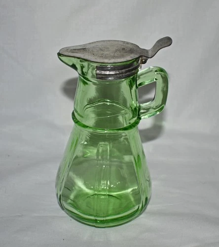antique 1916 Hazel Atlas Uranium Green Depression Glass Syrup Pitcher NICE+