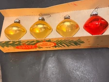 4 Vintage  Shiny Bright Glass Christmas Ornaments Bulbs Box red & yellow