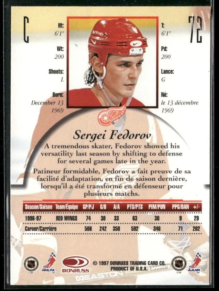 1997-98 Donruss Canadian Ice Sergei Fedorov #72 Detroit Red Wings - Image 2 of 2