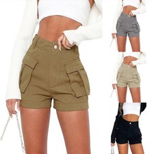 Women High Waisted Fashionable Elastic Casual Denim Cargo Pocket Slim Fit Shorts