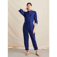 Alex Mill Sz Large L Navy Blue 100 Linen Logan Straight Leg Tie Waist Jumpsuit
