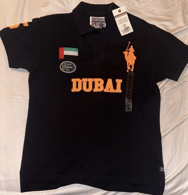 Dubai Classic Polo Shirt Mens M NWT Black Orange Embroidered Big Pony Camel UAE 