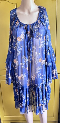 FREE PEOPLE BLUE FLORAL RUFFLE SUNSETTER SLIP DRESS Medium READ DESCRIPTION - Picture 2 of 9