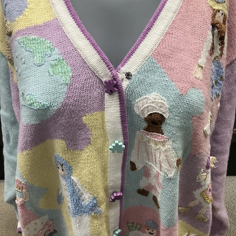 Cárdigan Suéter Gente del Mundo Años 90 De Colección Libro de Cuentos Tejidos Pastel Para Mujer Talla 2X Foto 3 de 4
