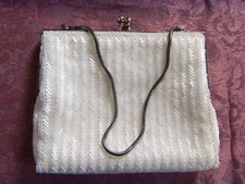 Vtg White Beaded Purse Evening Bag Clutch w/Iridescent R-Stone Closure Hong Kong