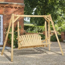 Wooden 2-Seat Porch Swing Log Patio Swing Outside Swing Bench W/ A-Frame Stand
