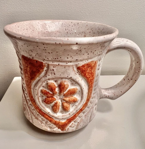 Vintage Pottery Craft Tan Brown Floral Ceramic Coffee Mug EUC