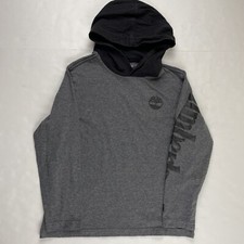TIMBERLAND Hooded T-Shirt Youth Boys M 10-12 Long Sleeve Spellout Gray Black