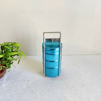 Vintage Blau Farbe Krone Marke Aluminium Tiffin Kiste Lunch Träger 4 Comp M519