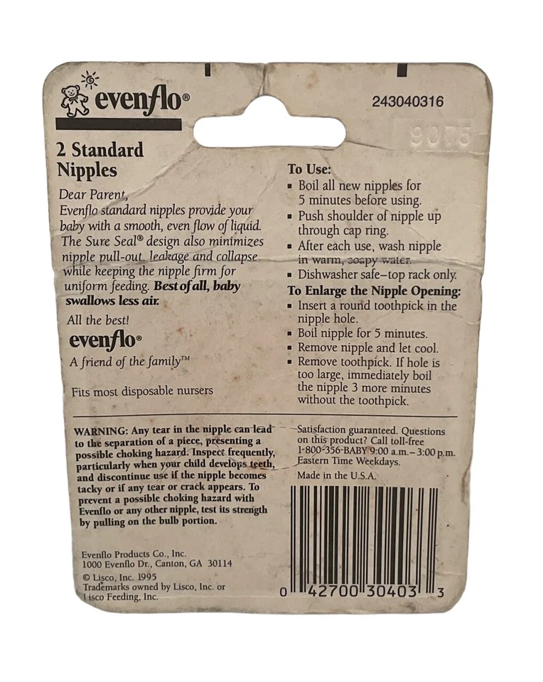 De Colección Evenflo Tapa Plana Látex Estándar Bebé Biberón Pezones EE. UU. 1995 Nuevo Foto 2 de 2