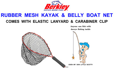BERKLEY KAYAK NET RUBBER MESH BELLY BOAT LANDING NET WITH LANYARD+CARABINER CLIP