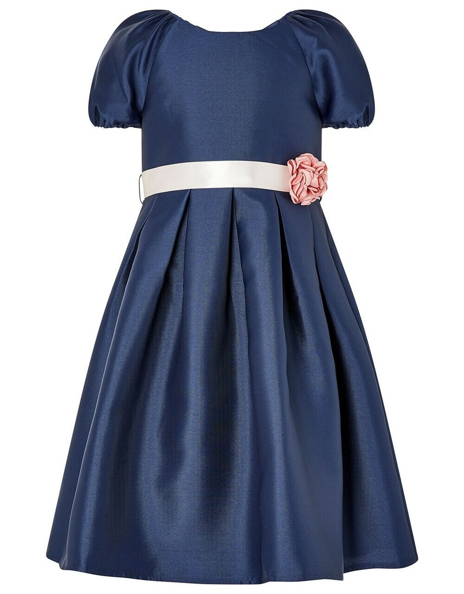 Monsoon Size 3 Puff Sleeve Round Neck Duchess Twill Navy Girls Dress