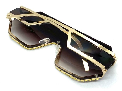 Oversized Retro Shield Bling SUN GLASSES Large Gold Frame Rhinestones Handmade! - Picture 6 of 6
