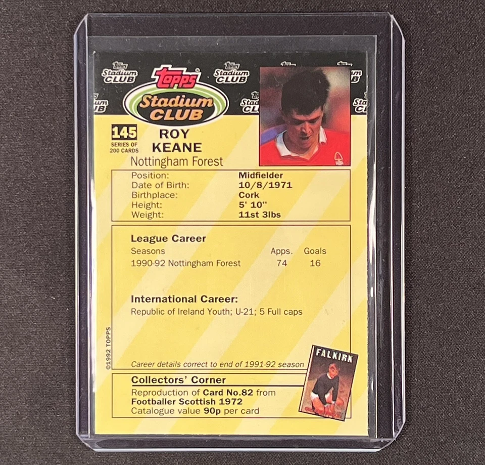 Cartão de futebol ROY KEANE 1992 Topps Stadium Club NOTTINGHAM FOREST #145 perfeito estado PSA - Imagem 2 de 2
