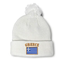Pom Pom Beanies for Women Greece Flag Embroidery Winter Hats for Men Skull Cap