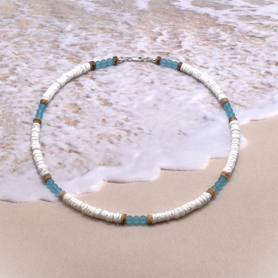 Gargantilla de surf Charm Natural White Shell Blue Crystal Beads Collar para hombres mujeres Foto 4 de 4