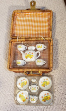 Miniature Porcelain Child's Tea Set in Wicker Case, Pumpkin  Leaves Pattern