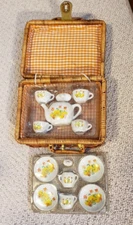 Miniature Porcelain Child's Tea Set in Wicker Case, Pumpkin & Leaves Pattern