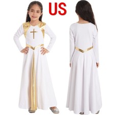 Girls Kids Liturgical Praise Dance Worship Metallic Gold Color Block Long Dress