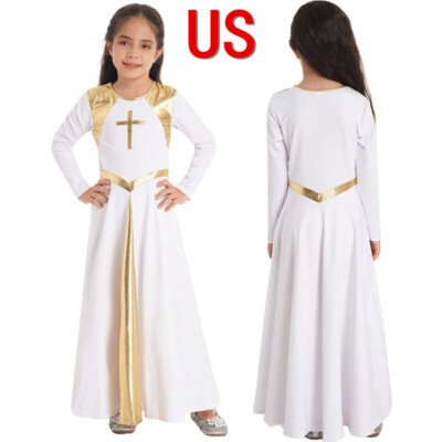 US Girl Kid Liturgical Praise Dance Worship Metallic Gold Color Block_Long Dress