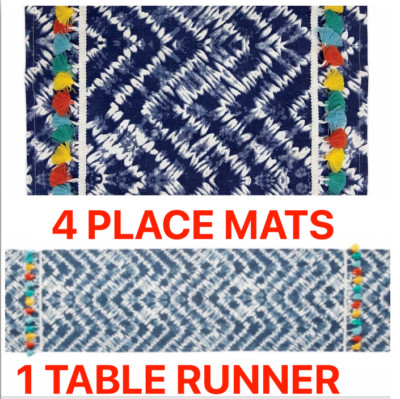 5 Piece Set Wild Sage Amelia Tie Dye 1- 72'' Table Runner 4-Place-mats Tassels