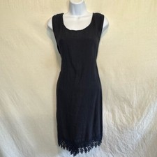 D-40 Rosemarie Black 100% Linen Lace Trim Sleeveless MIDI Summer Dress Size M