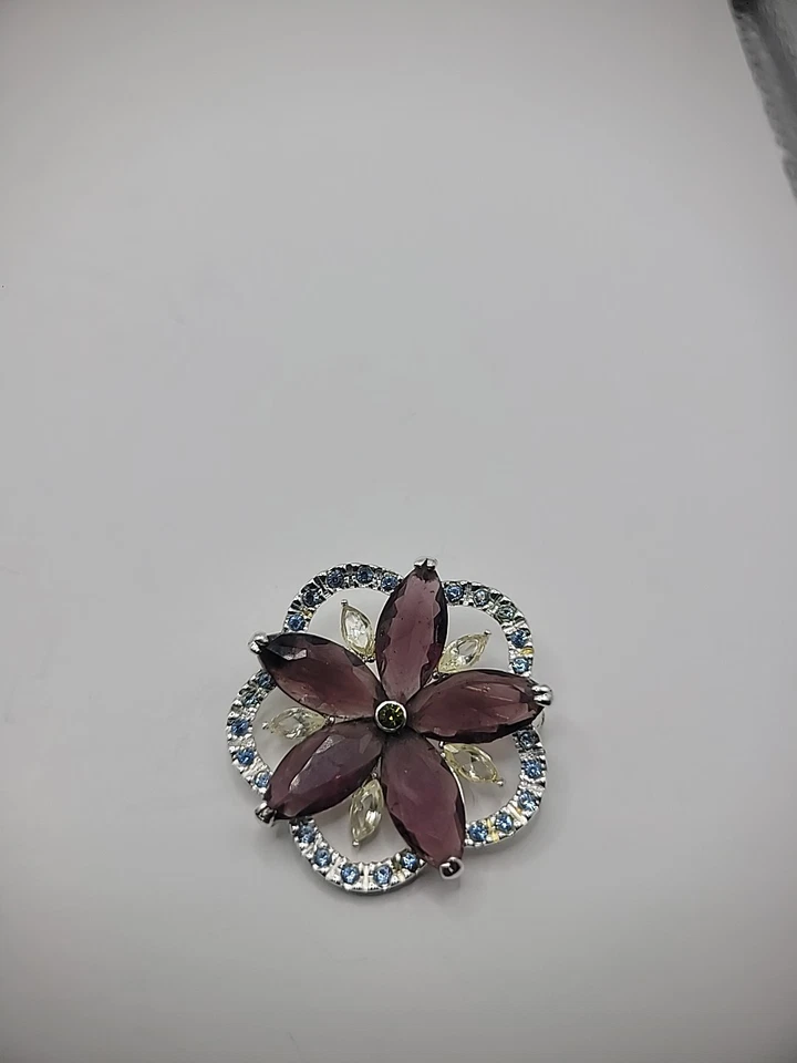 Vintage Monet Brooch Pin Flower Purple Blue White Crystals Jewelry Costume - Image 3 of 4