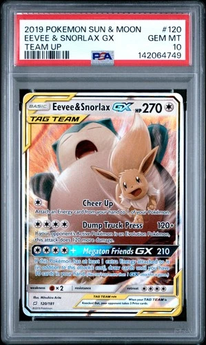 142064749 Eevee & Snorlax GX 2019 Pokemon Sun Moon Team Up #120 PSA 10