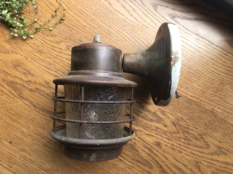  VTG Metal Caged Light Fixture W/ Textured Glass Brass/Copper Union Made USA - Image 3 of 4