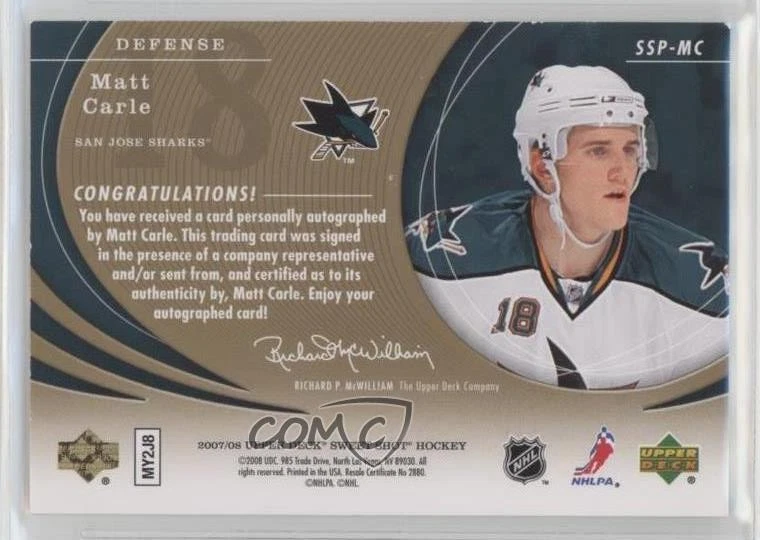2007 Upper Deck Sweet Shot Signature Shots/Saves Puck Signings Matt Carle Auto - Image 2 of 2